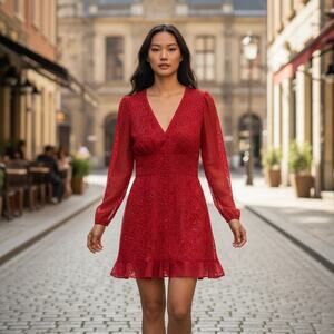 The Kooples Red Velvet Animal Print V-neck Button Up Long Sleeve Dress Size 2